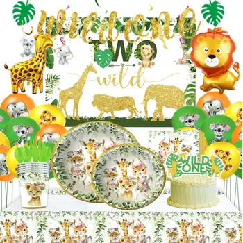 Jungle Zvierat Jungle Safari Tému Riad, baby, deti 1.-9. Happy Birthday Party cup doska Dekorácie Zelený Les Strany Supplie