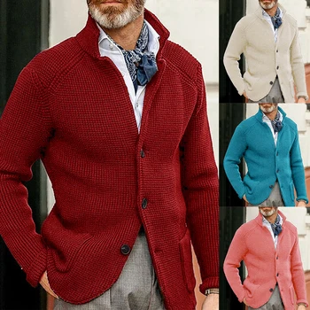 Muži Jeseň Zima Stojan Golier Cardigan Sweatercoat Trendy Čistá Farebná Anti-shrink Módne Tlačidlo Pletené Bundy Kabáty vrchné oblečenie