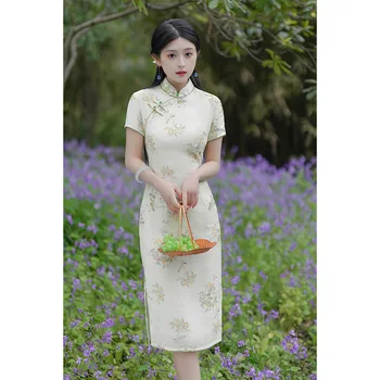 Jar Pritned Satin Strednej Dĺžky Qipao Čínske Ženy Mandarin Golier, Krátky Rukáv Cheongsam Elegantné Denné Šaty