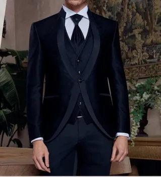 2023 Vlastné navy blue velvet svadobné obleky mužov formálne ženícha prom smoking groomsman group fashion muž sako stojan golier slim fit
