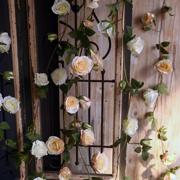 155cm 10 Vedúci Jar Umelé Ruže Ratan Kvet Zavesenie na Stenu Terénne Závesné Kvetinové Svadobné Domáce Dekorácie