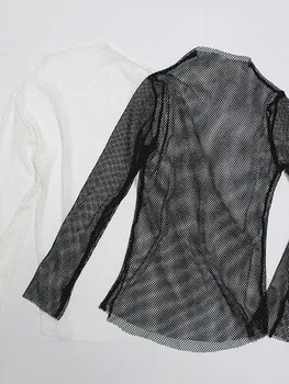 Ženy Sieťovina Mesh Vidieť-cez Čierne košele Žena Harajuku Sexy Long Sleeve Tee Topy