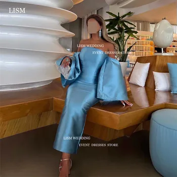LISM Elegantné Navy Blue Satin Prom Party Šaty v Saudskej arabské Ženy Mimo Shouder Členok Dĺžka Morská víla Formálne Príležitosti Šaty