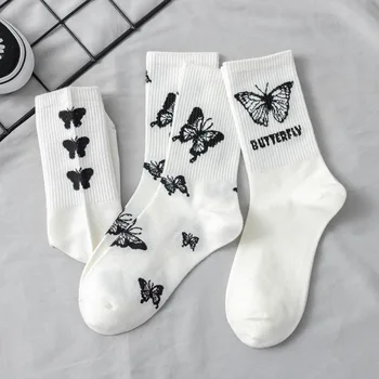 Bavlna Módne Harajuku Black White Butterfly Ženy Ponožky Európskej Krásne Skateboard, Street Dievčatá Šťastný Sox Meias Jar, Jeseň