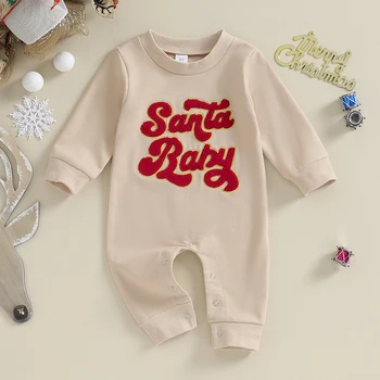 Novonarodené Dieťa, Dievča, Chlapec, Vianočné Oblečenie Crewneck Romper List Tlač Santa Dlhý Rukáv Jumpsuit Šaty, Kostým