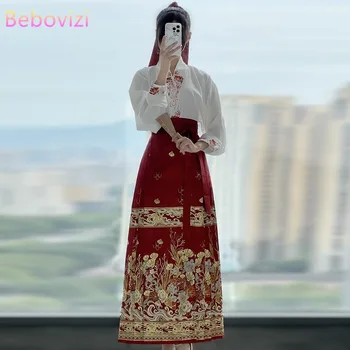 Retro Hanfu Čínske Tradičné Oblečenie, Vyšívané Tričko Kôň Tvár, Sukne pre Ženy