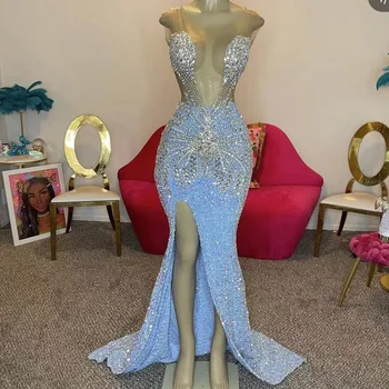 crystal prom šaty 2024 morská víla flitrami svetlo modrej večerné šaty šaty korálkové večerné šaty šaty