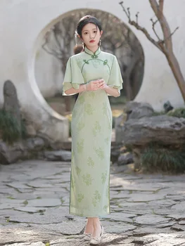 FZSLCYIYI Green Elegantný Mandarin Golier Svetlice Rukáv Žakárové Qipao Čínsky Ručné Tlačidlá Čipky Cheongsam Ženy Šaty