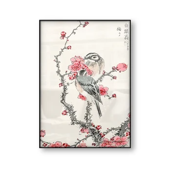 Borovica Bunting a Slivka ilustrácia Numata Kashu Vintage Japonské Umenie Plagátu Ázijské Wall Art Plátno Tlačiť Maľovanie Domova