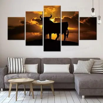 5 Panel Texas Bull západ Slnka Moderné Plátno Obrázok Wall Art HD Tlač Dekor Obrázky Plagát Domova Nie Zarámované 5 Kus Obrazy