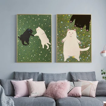 Čierne Biele Mačky Na Zelenej Tráve Plátne Obrazy Zvierat Umenie Stene Plagát, Tlač Minimalistické Obrázky Škôlky, Obývacia Izba Domova