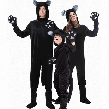 Pár Alebo Rodič-Dieťa Roztomilý Zvierat Black Cat Jumpsuit Dospelých a Dieťa Pet Mačka Cosplay Kapucňou Onesies Unisex Halloween Party Oblečenie