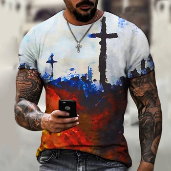 Nový Kreatívny Dizajn Kristov Kríž pánske T-shirt Európske a Americké Graffiti, Street Fashion Retro Štýle Butik s Krátkymi Rukávmi