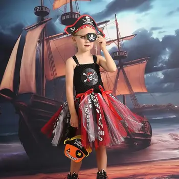 Halloween Deti Pirát Hranie Rolí Kostým COS Karibský Pirát, make-up Loptu Dievčatá Tutu Šaty s Klobúkom Taška