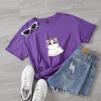 Vytlačené Na 100% Bavlna Ženy Kreslených Mačka T Shirt Príležitostné Tlače Ulzzang Kawaii Harajuku Tričko 2020 Žena Topy, Tričká Krátky Rukáv