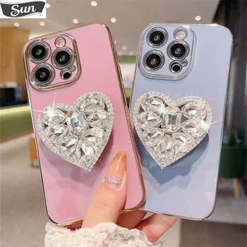 Luxusný Lesk Diamond Srdce Držiak na Telefón puzdro Na Huawei Y6 Y7 Y9 2019 P smart P20 P30 lite p40lite p50 pro p60 Capa Kryt
