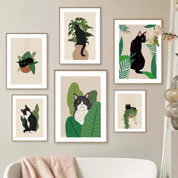 Boho Palm Banánové Listy Váza Dievča Black Cat Abstraktné Nordic Plagát Na Stenu Art Print Plátno Na Maľovanie Obrázkov Na Obývacia Izba Dekor